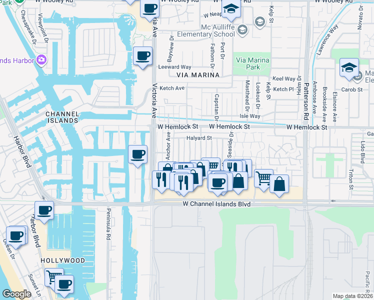 map of restaurants, bars, coffee shops, grocery stores, and more near 2567 Spinnaker Avenue in Port Hueneme