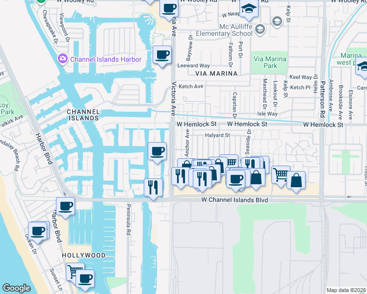 map of restaurants, bars, coffee shops, grocery stores, and more near 2564 Anchor Avenue in Port Hueneme