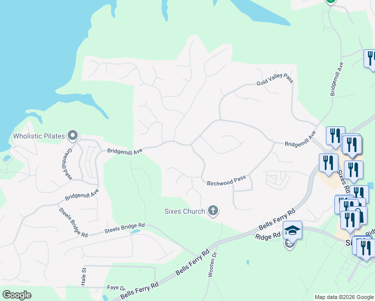 map of restaurants, bars, coffee shops, grocery stores, and more near 1092 Bridgemill Avenue in Canton