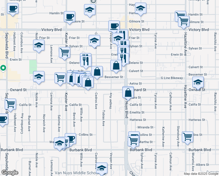 map of restaurants, bars, coffee shops, grocery stores, and more near 14615 Oxnard Street in Los Angeles