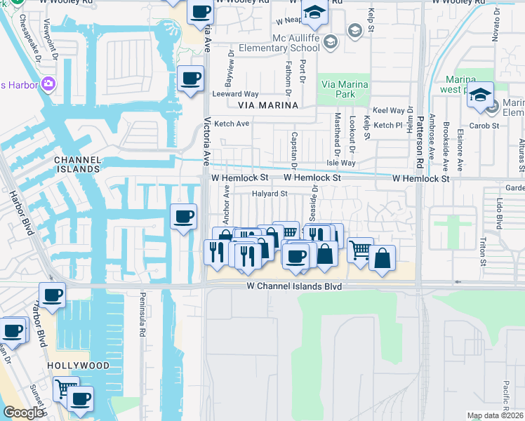 map of restaurants, bars, coffee shops, grocery stores, and more near 2600 Spinnaker Avenue in Port Hueneme