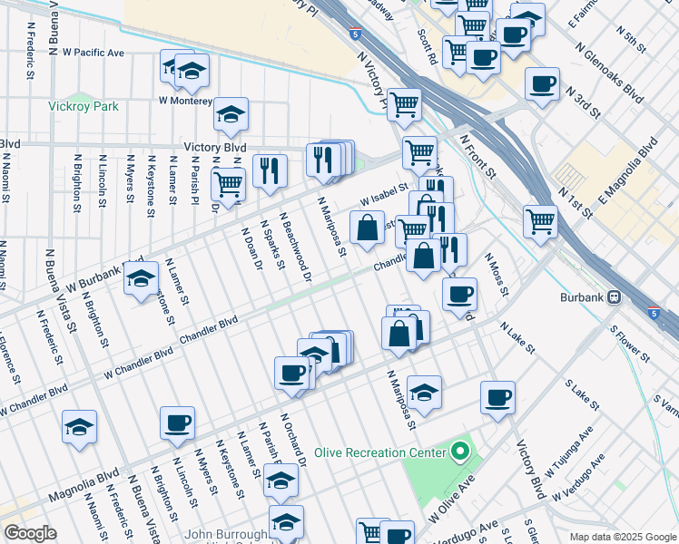 map of restaurants, bars, coffee shops, grocery stores, and more near 1309 West Chandler Boulevard in Burbank