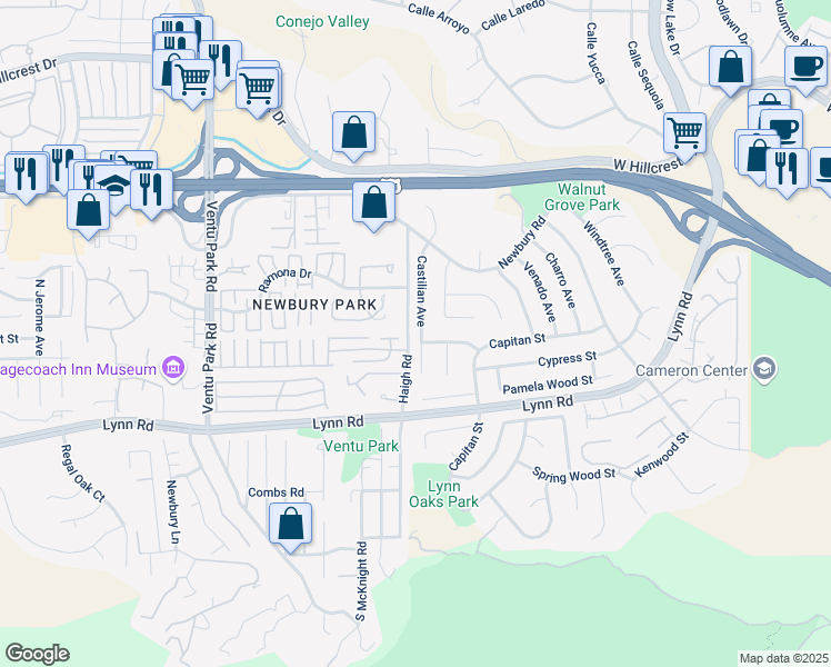 map of restaurants, bars, coffee shops, grocery stores, and more near 63 Castilian Court in Thousand Oaks