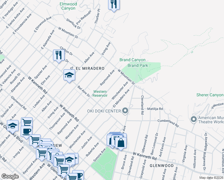 map of restaurants, bars, coffee shops, grocery stores, and more near 1500 Winchester Avenue in Glendale