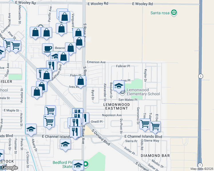 map of restaurants, bars, coffee shops, grocery stores, and more near 2111 Alexander Street in Oxnard