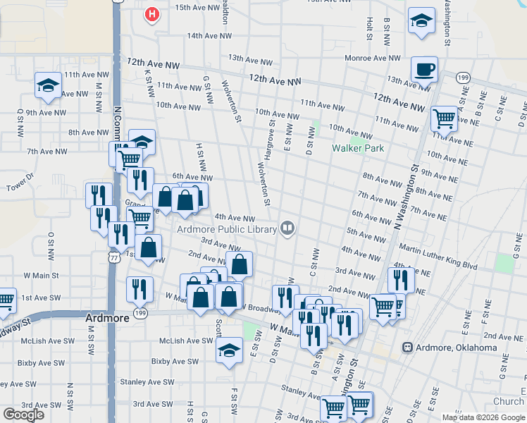 map of restaurants, bars, coffee shops, grocery stores, and more near 508 4th Avenue Northwest in Ardmore