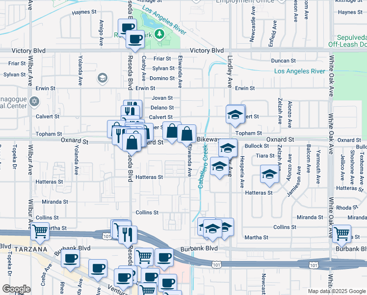map of restaurants, bars, coffee shops, grocery stores, and more near 6023 Etiwanda Avenue in Los Angeles
