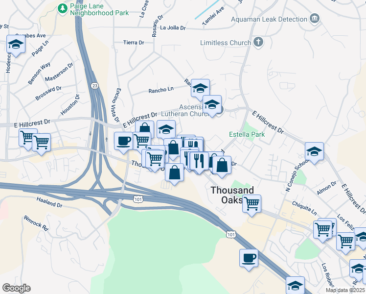 map of restaurants, bars, coffee shops, grocery stores, and more near 50 Maegan Place in Thousand Oaks