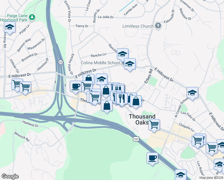 map of restaurants, bars, coffee shops, grocery stores, and more near 110 Maegan Place in Thousand Oaks