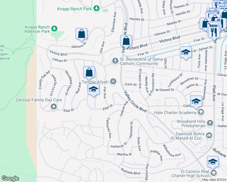 map of restaurants, bars, coffee shops, grocery stores, and more near 24417 Clipstone Street in Los Angeles