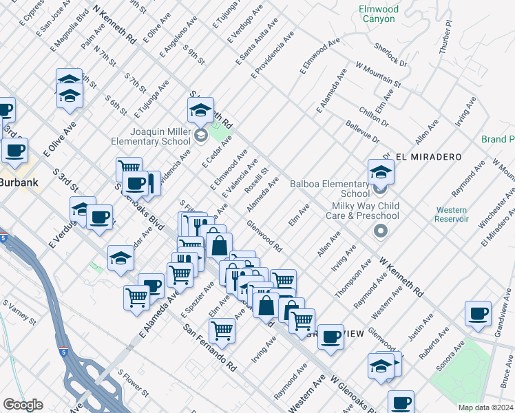 map of restaurants, bars, coffee shops, grocery stores, and more near 1224 Alameda Avenue in Glendale