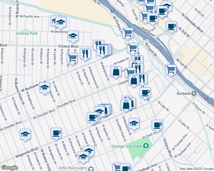 map of restaurants, bars, coffee shops, grocery stores, and more near 1309 West Chandler Boulevard in Burbank