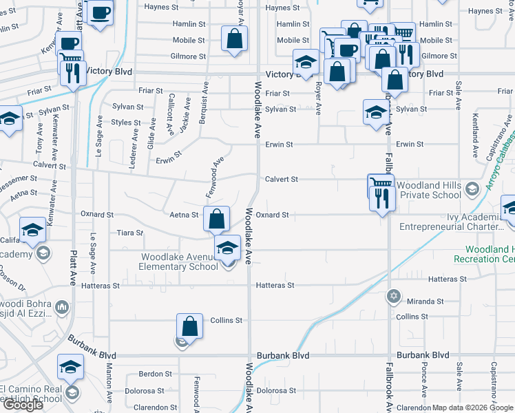 map of restaurants, bars, coffee shops, grocery stores, and more near 23153 Oxnard Street in Los Angeles