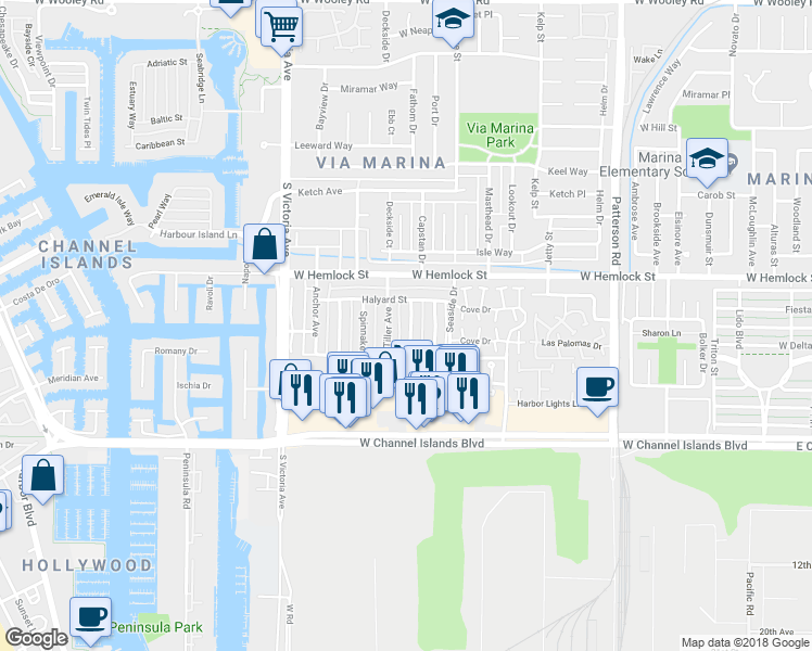 map of restaurants, bars, coffee shops, grocery stores, and more near 2605 Sextant Avenue in Port Hueneme