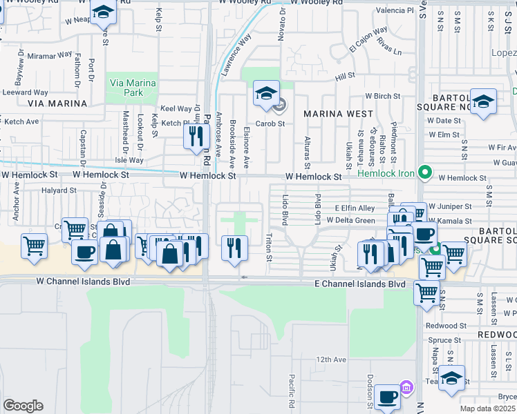 map of restaurants, bars, coffee shops, grocery stores, and more near 2704 Bolker Drive in Port Hueneme