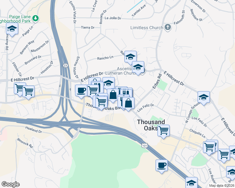map of restaurants, bars, coffee shops, grocery stores, and more near 116 Maegan Place in Thousand Oaks