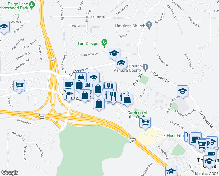 map of restaurants, bars, coffee shops, grocery stores, and more near 74 Maegan Place in Thousand Oaks