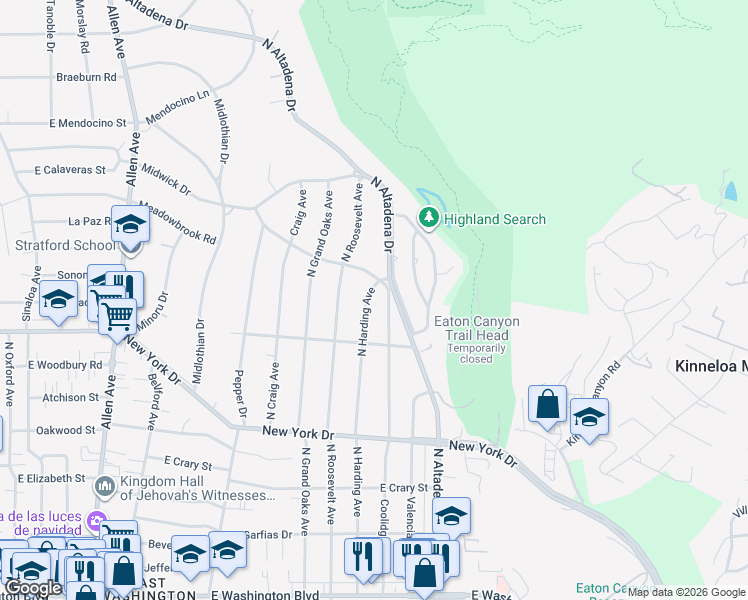 map of restaurants, bars, coffee shops, grocery stores, and more near 1914 North Harding Avenue in Altadena