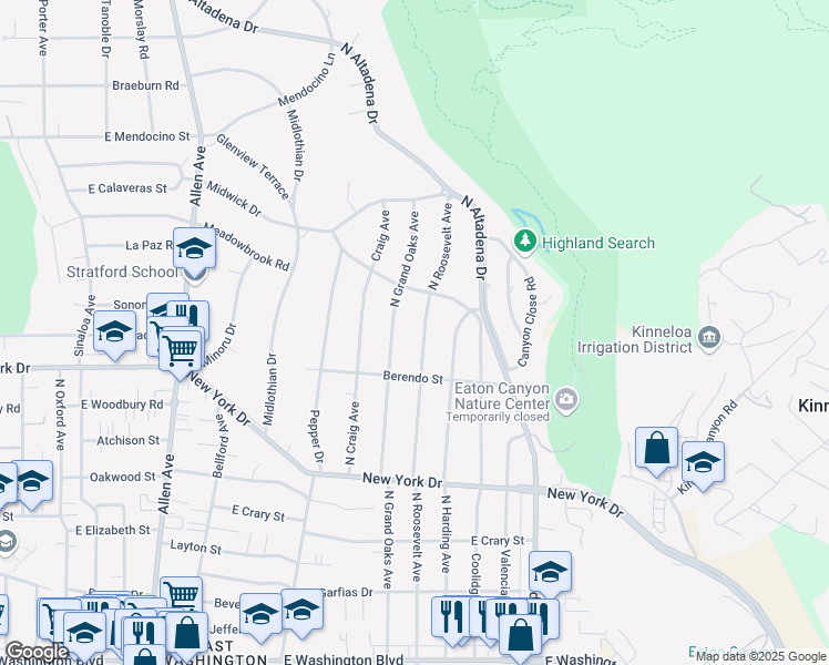 map of restaurants, bars, coffee shops, grocery stores, and more near 1947 North Roosevelt Avenue in Altadena