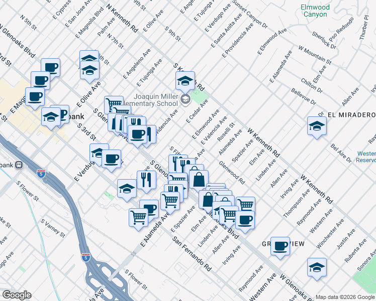 map of restaurants, bars, coffee shops, grocery stores, and more near 520 East Elmwood Avenue in Burbank