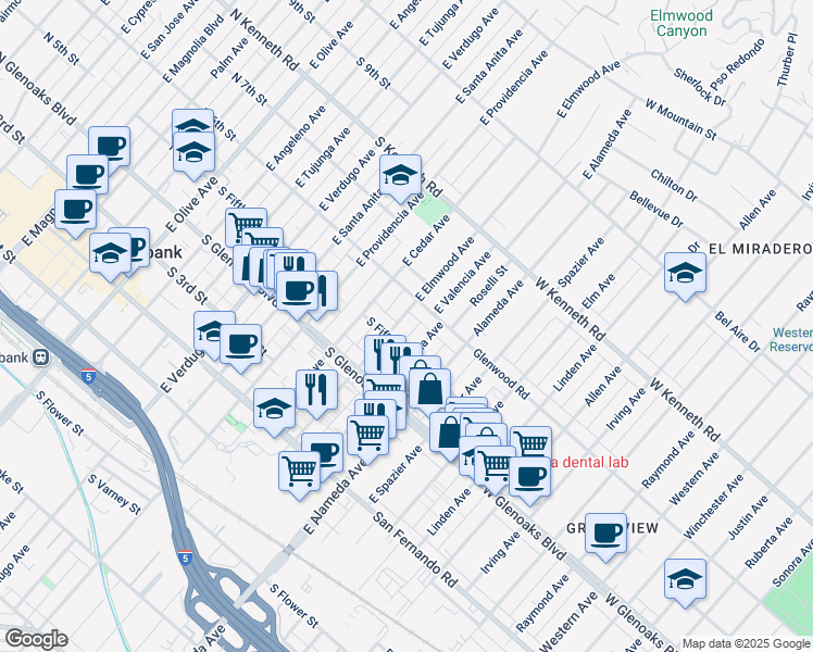 map of restaurants, bars, coffee shops, grocery stores, and more near 520 East Elmwood Avenue in Burbank