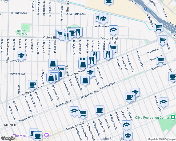 map of restaurants, bars, coffee shops, grocery stores, and more near 1031 North Myers Street in Burbank