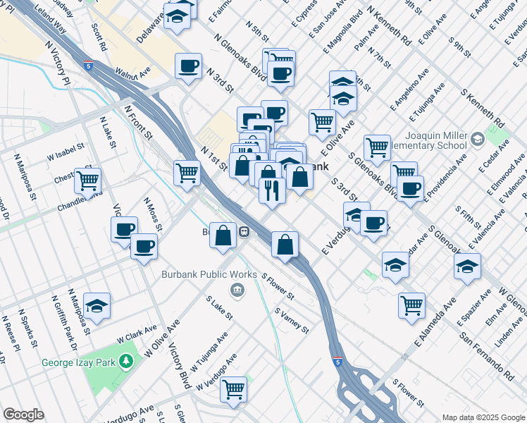 map of restaurants, bars, coffee shops, grocery stores, and more near 211 North Front Street in Burbank