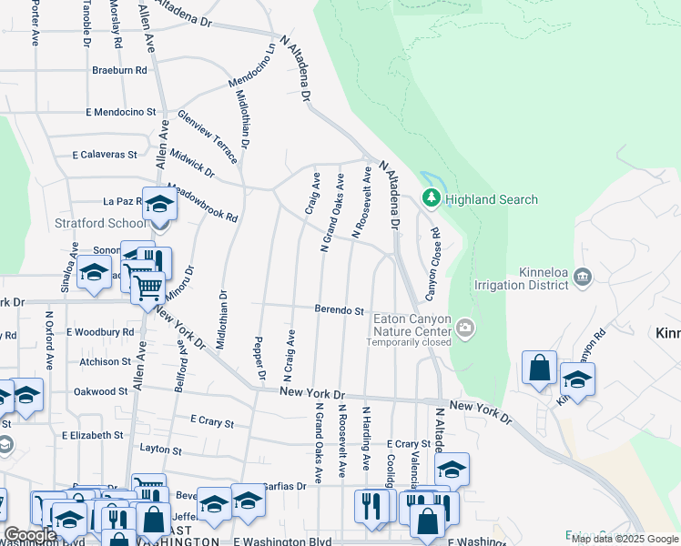 map of restaurants, bars, coffee shops, grocery stores, and more near 1947 North Roosevelt Avenue in Altadena