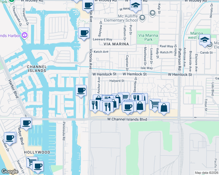 map of restaurants, bars, coffee shops, grocery stores, and more near 2601 Spinnaker Avenue in Port Hueneme