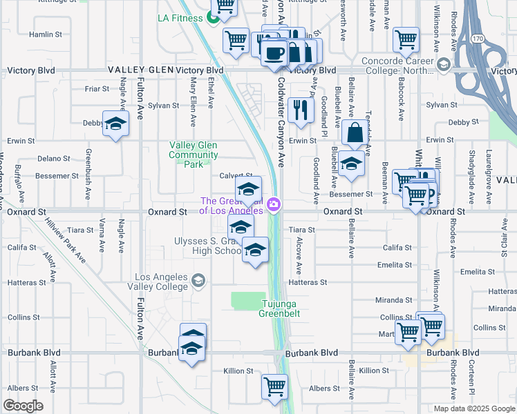 map of restaurants, bars, coffee shops, grocery stores, and more near 12939 Oxnard Street in Los Angeles