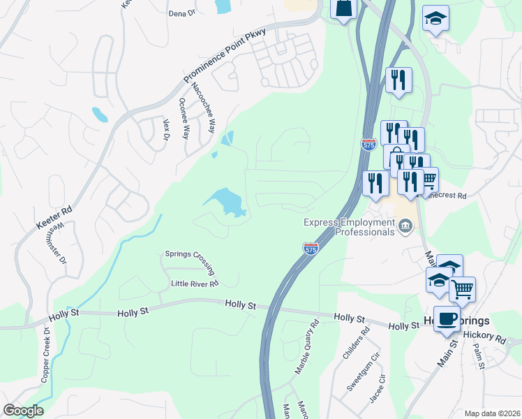 map of restaurants, bars, coffee shops, grocery stores, and more near 883 Ash Street in Holly Springs
