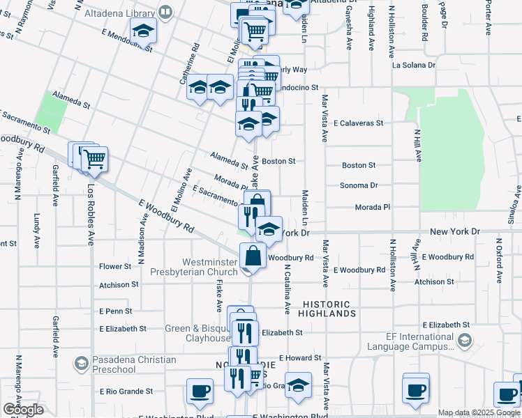 map of restaurants, bars, coffee shops, grocery stores, and more near 945 New York Drive in Altadena