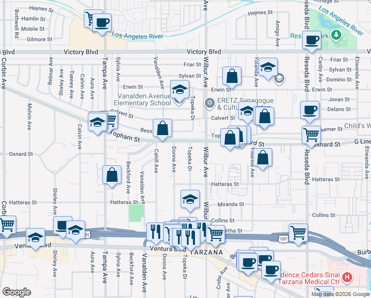 map of restaurants, bars, coffee shops, grocery stores, and more near 6015 Topeka Drive in Los Angeles