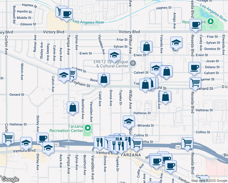 map of restaurants, bars, coffee shops, grocery stores, and more near 5961 Topeka Drive in Los Angeles