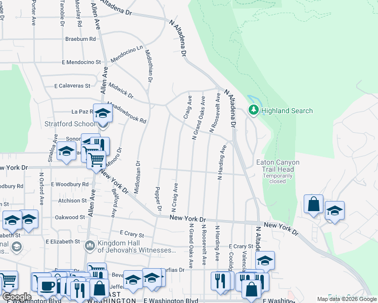 map of restaurants, bars, coffee shops, grocery stores, and more near 1953 North Grand Oaks Avenue in Altadena