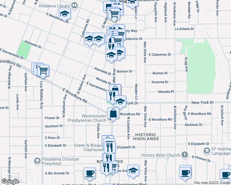 map of restaurants, bars, coffee shops, grocery stores, and more near 1968 Lake Avenue in Altadena