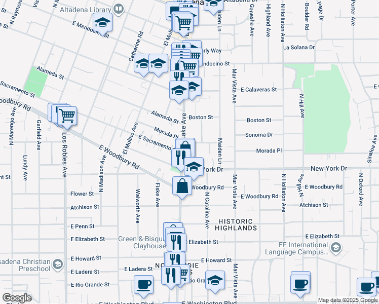 map of restaurants, bars, coffee shops, grocery stores, and more near 1968 Lake Avenue in Altadena