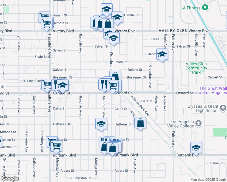 map of restaurants, bars, coffee shops, grocery stores, and more near 13674 Oxnard Street in Los Angeles