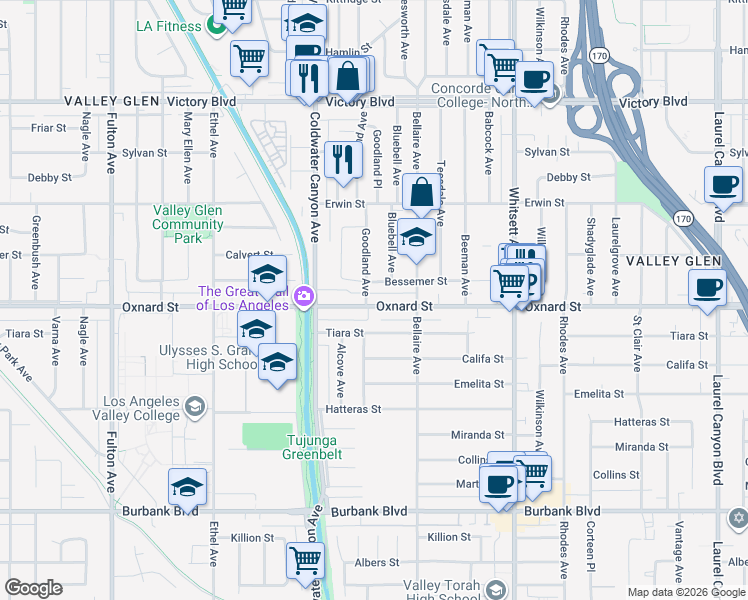 map of restaurants, bars, coffee shops, grocery stores, and more near 12753 Oxnard Street in Los Angeles