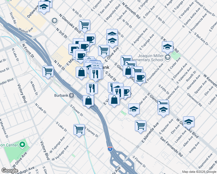map of restaurants, bars, coffee shops, grocery stores, and more near 350 South San Fernando Boulevard in Burbank