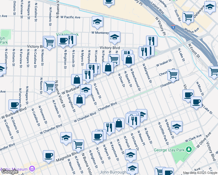 map of restaurants, bars, coffee shops, grocery stores, and more near 899 North Orchard Drive in Burbank