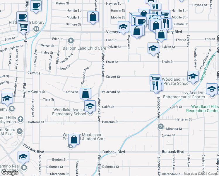 map of restaurants, bars, coffee shops, grocery stores, and more near 23123 West Oxnard Street in Los Angeles