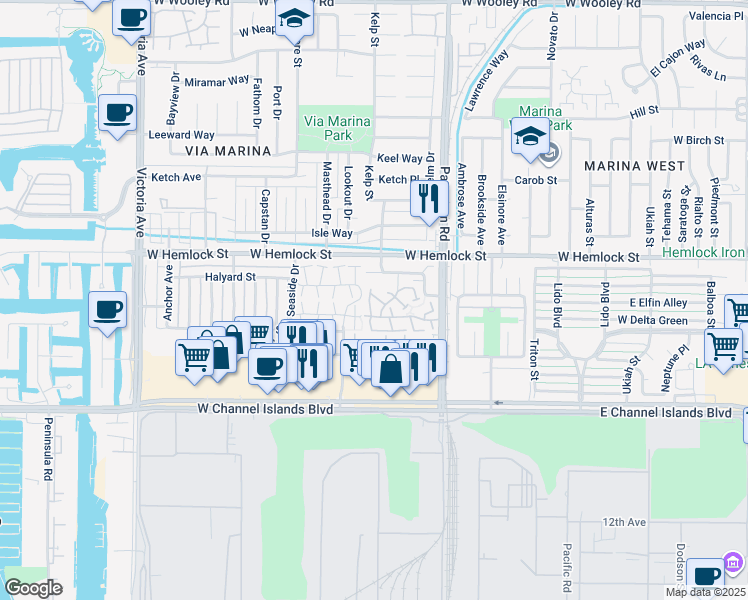 map of restaurants, bars, coffee shops, grocery stores, and more near 460 Las Palomas Drive in Port Hueneme
