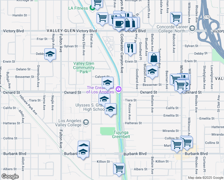map of restaurants, bars, coffee shops, grocery stores, and more near 12939 Oxnard Street in Los Angeles