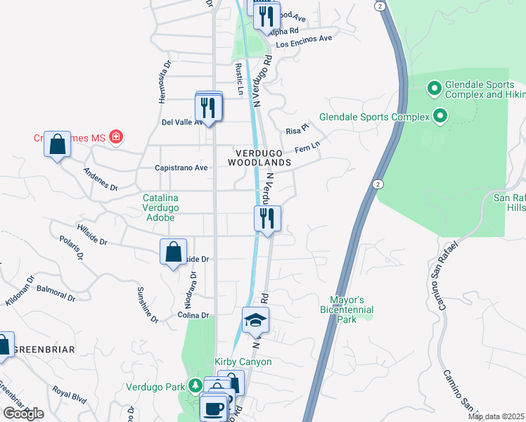 map of restaurants, bars, coffee shops, grocery stores, and more near 2203 North Verdugo Road in Glendale