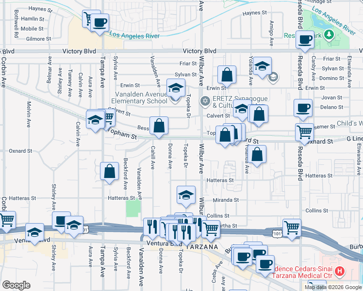 map of restaurants, bars, coffee shops, grocery stores, and more near 6015 Topeka Drive in Los Angeles