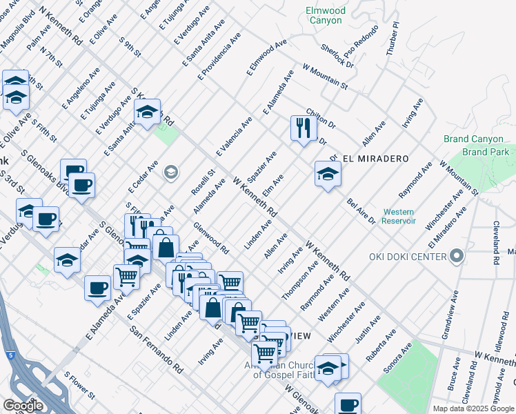 map of restaurants, bars, coffee shops, grocery stores, and more near 1952 West Kenneth Road in Glendale