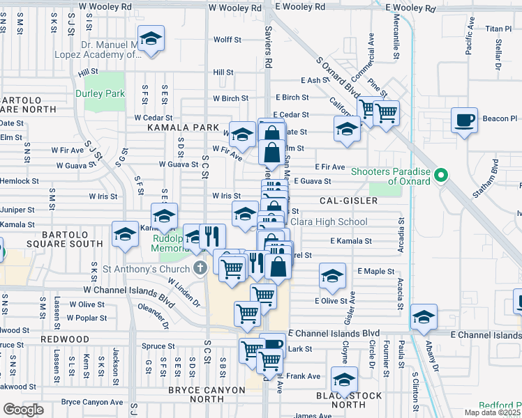map of restaurants, bars, coffee shops, grocery stores, and more near 2055 Saviers Road in Oxnard