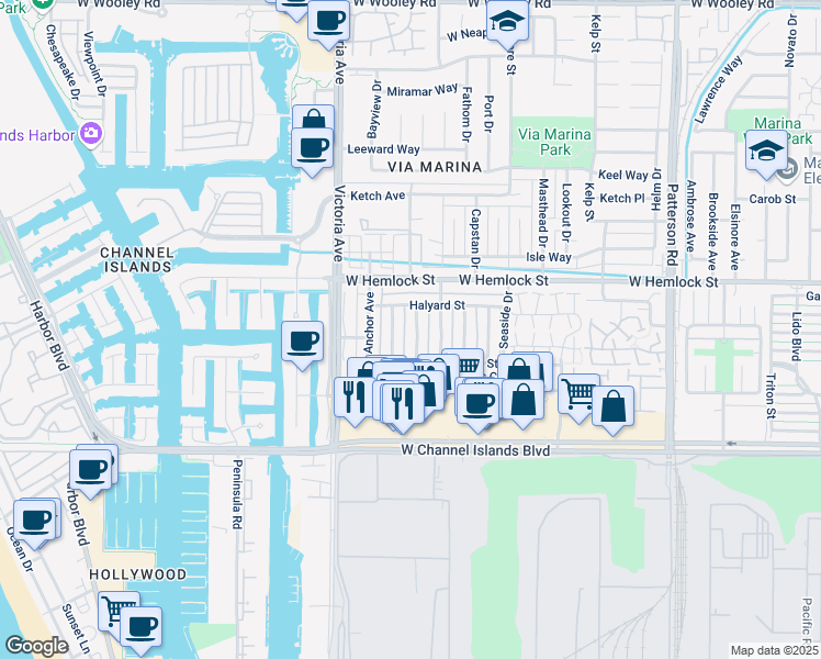 map of restaurants, bars, coffee shops, grocery stores, and more near 2607 Spinnaker Avenue in Port Hueneme