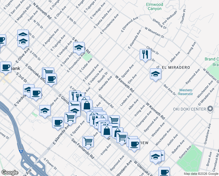 map of restaurants, bars, coffee shops, grocery stores, and more near 1226 Spazier Avenue in Glendale